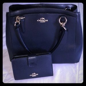 Navy leather coach purse and wallet
